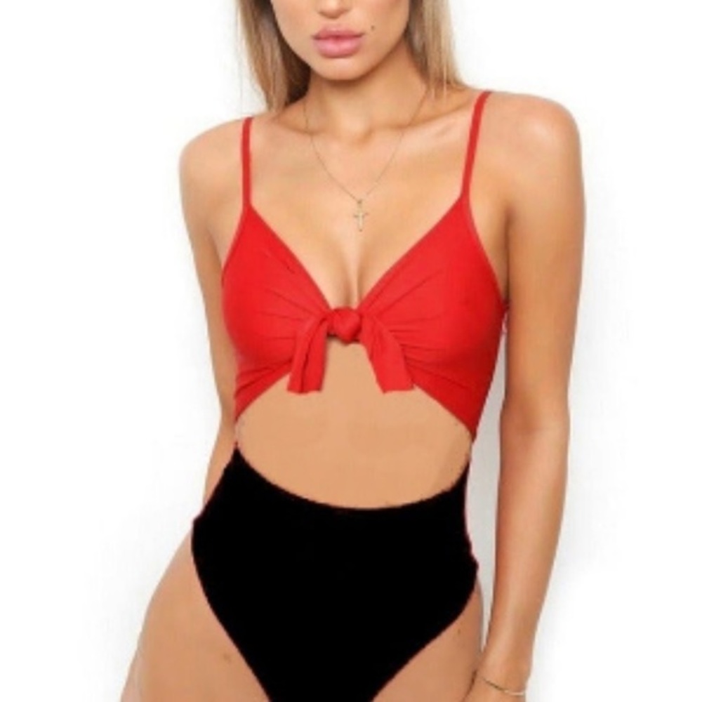red and black open front one piece tie front swimsuit XL